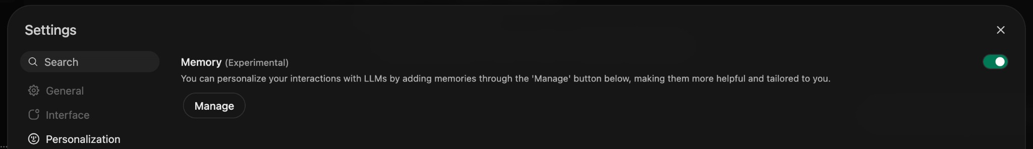 OpenWebUI Settings Personalization page showing Memory (Experimental) toggle switched ON
