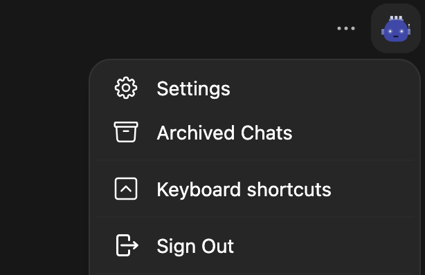 OpenWebUI Settings menu dropdown showing Settings, Archived Chats, Keyboard shortcuts, and Sign Out options