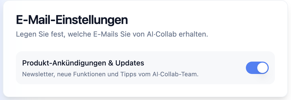 Email Preferences card in AI·Collab account settings showing the toggle for product announcements