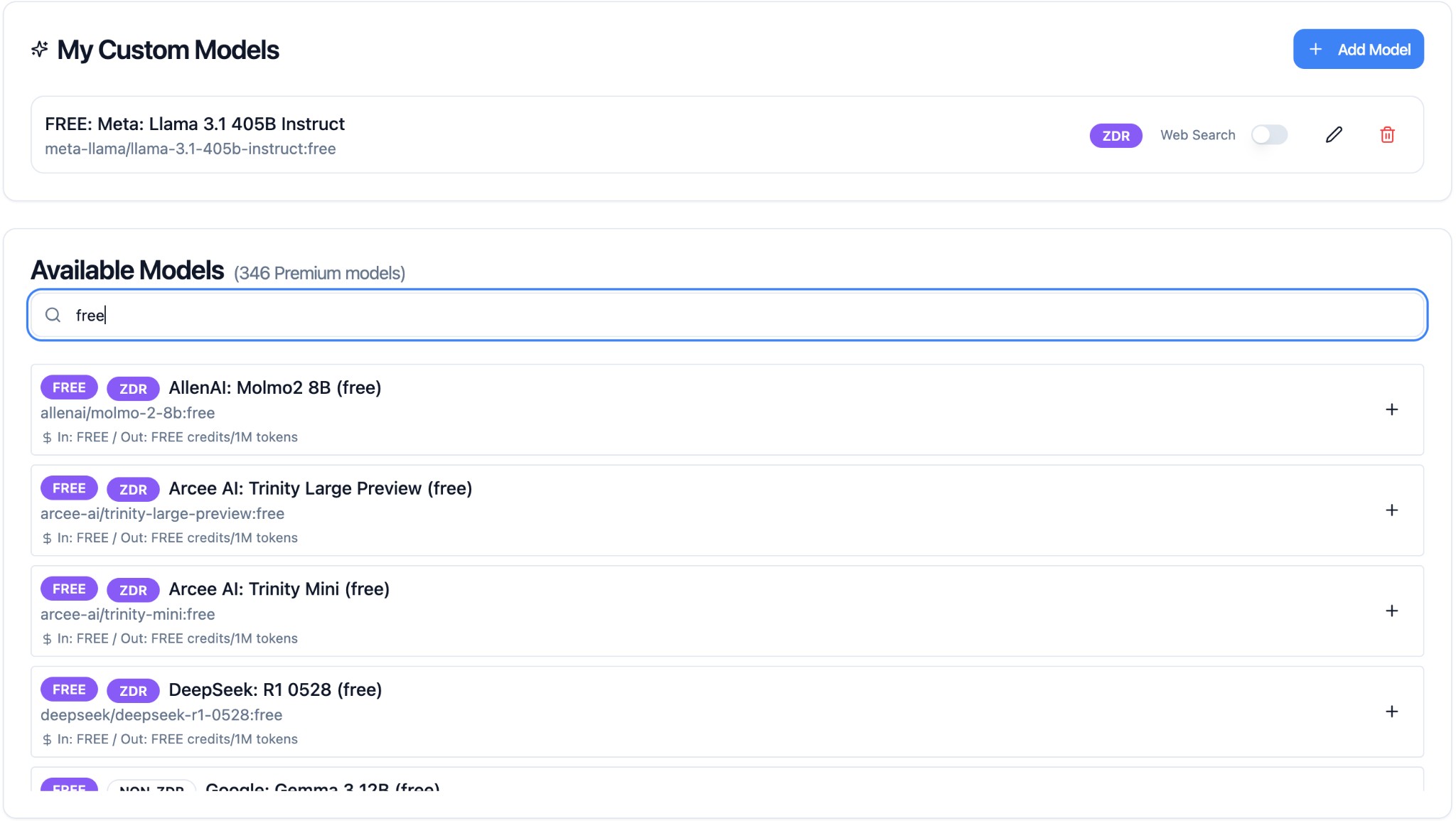 Account Settings page showing My Custom Models and Available Models sections with free models search