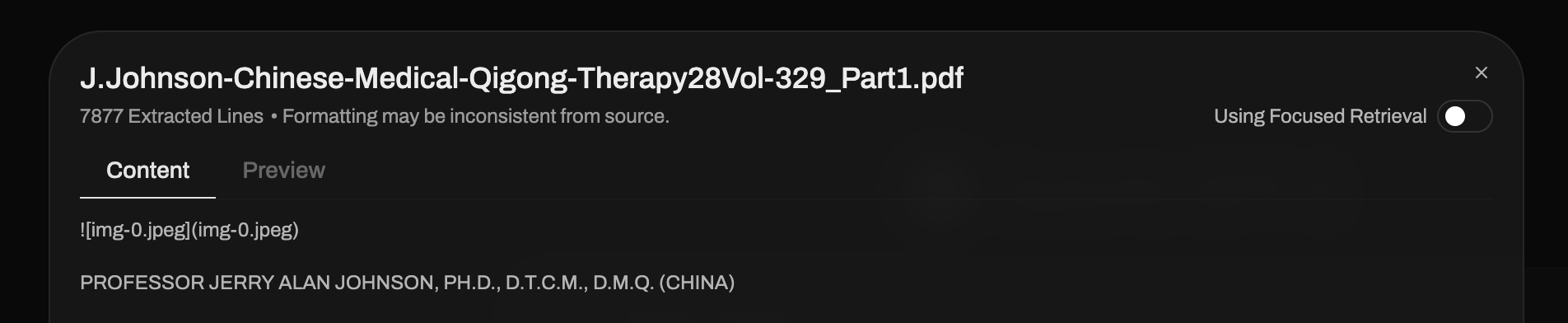 PDF document details panel showing focused retrieval toggle
