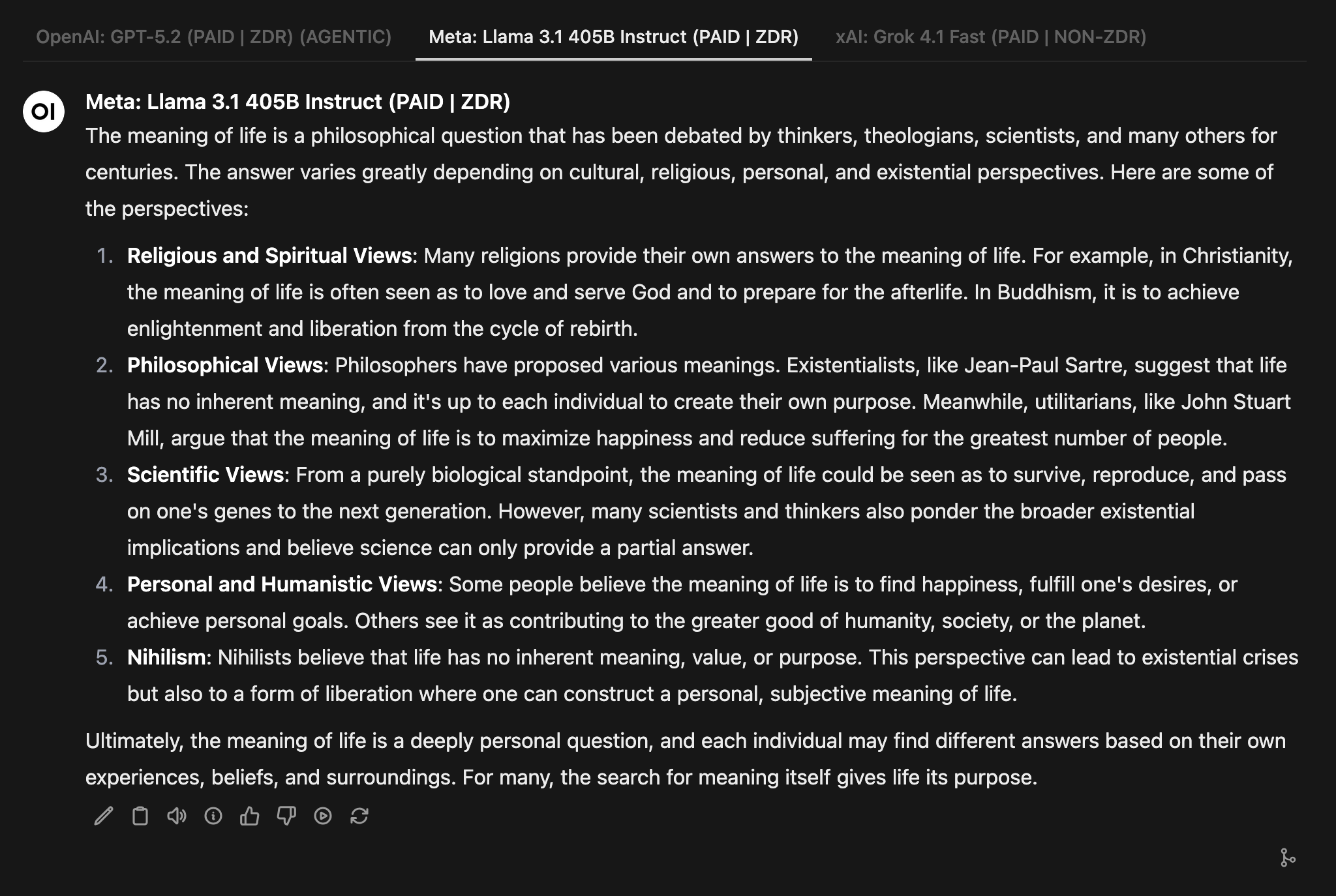 Llama 3.1 response about the meaning of life