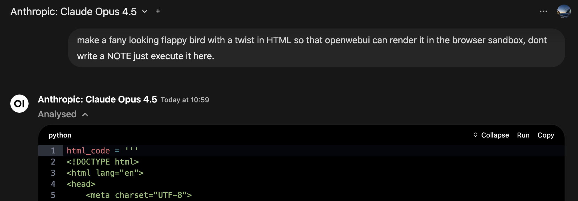 Chat interface showing prompt for Flappy Bird game