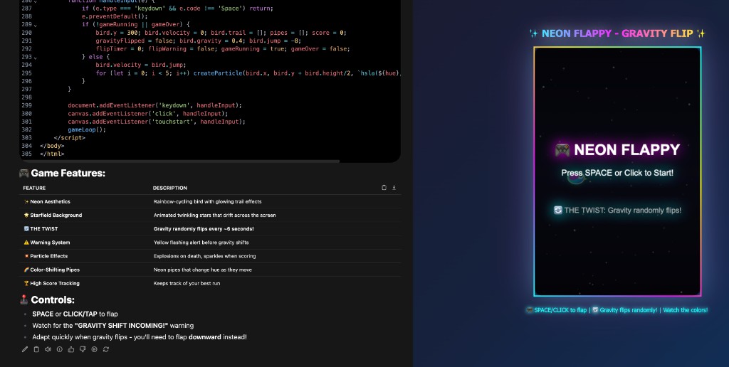 Artifact preview showing Flappy Bird game running in browser