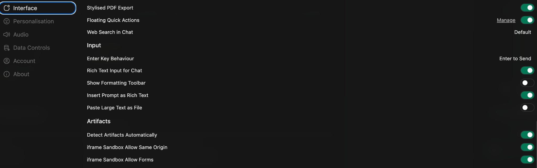 Interface settings page showing Artifacts section with toggle switches