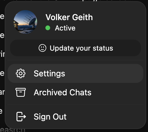User Settings menu showing Settings option