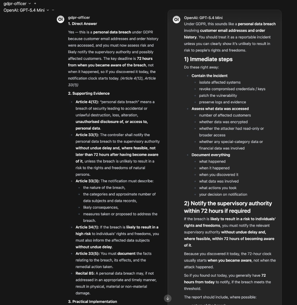 AI·Collab chat: side-by-side comparison of the gdpr-officer research agent (left) with GDPR Article citations versus OpenAI GPT-5.4 Mini (right) on the same breach prompt.