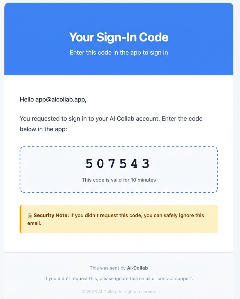 Email from AI·Collab showing the 6-digit sign-in code with 10-minute validity