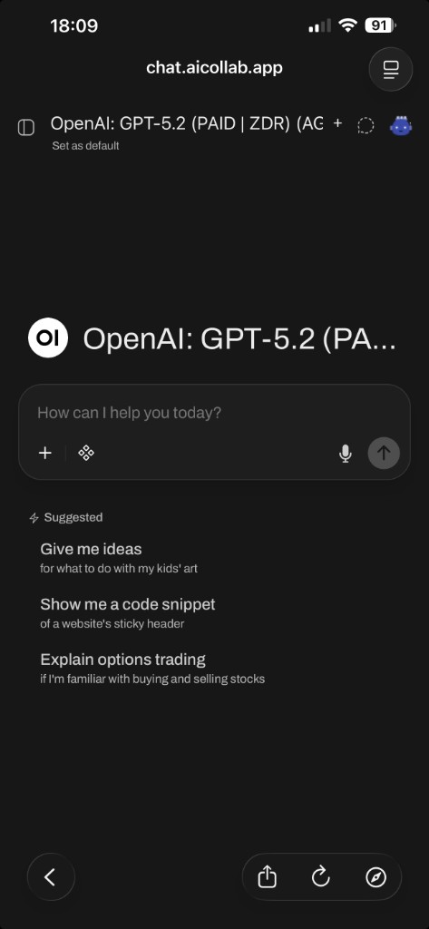 AI·Collab mobile app showing chat interface with GPT-5.2 model selected