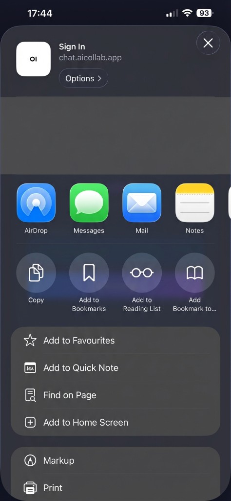 iOS Share Sheet showing Add to Home Screen option