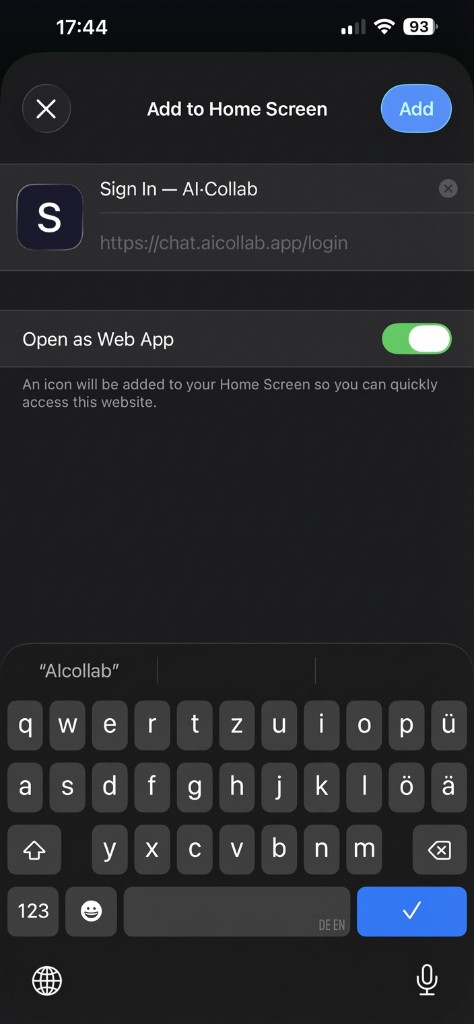 Add to Home Screen dialog with app name and Add button