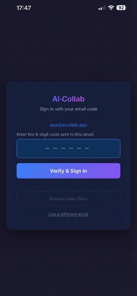 AI·Collab OTP verification screen waiting for 6-digit code