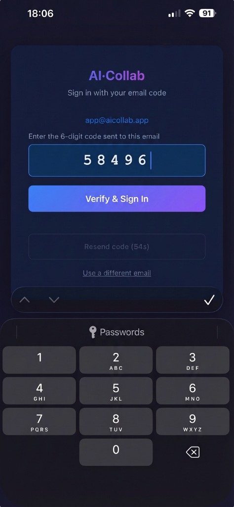 AI·Collab OTP screen with 6-digit code entered